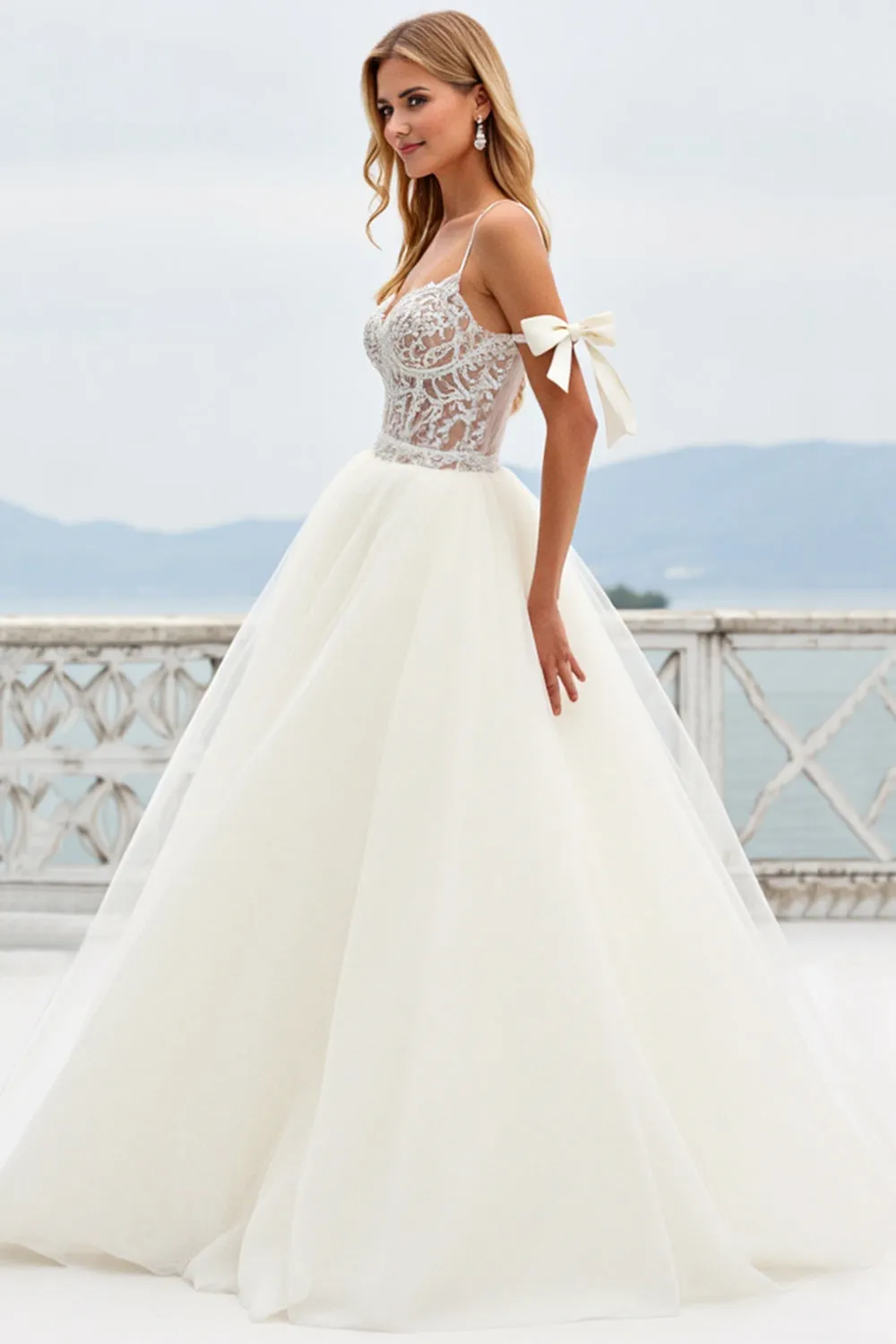 White A-Line Spaghetti Straps Bows Laced Tulle Long Bridal Dress With Slit sold by Zapaka product image thumbnail 2