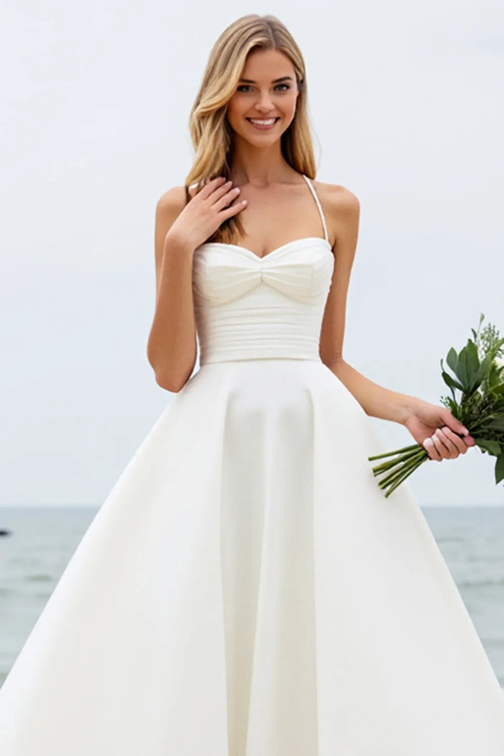White A-Line Spaghetti Straps Ruched Satin Long Bridal Dress sold by Zapaka product image thumbnail 4