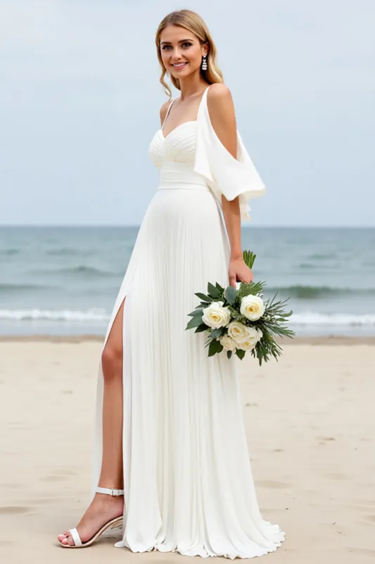 White A-Line Cold Shoulder Long Bridal Dress With Slit sold by Zapaka