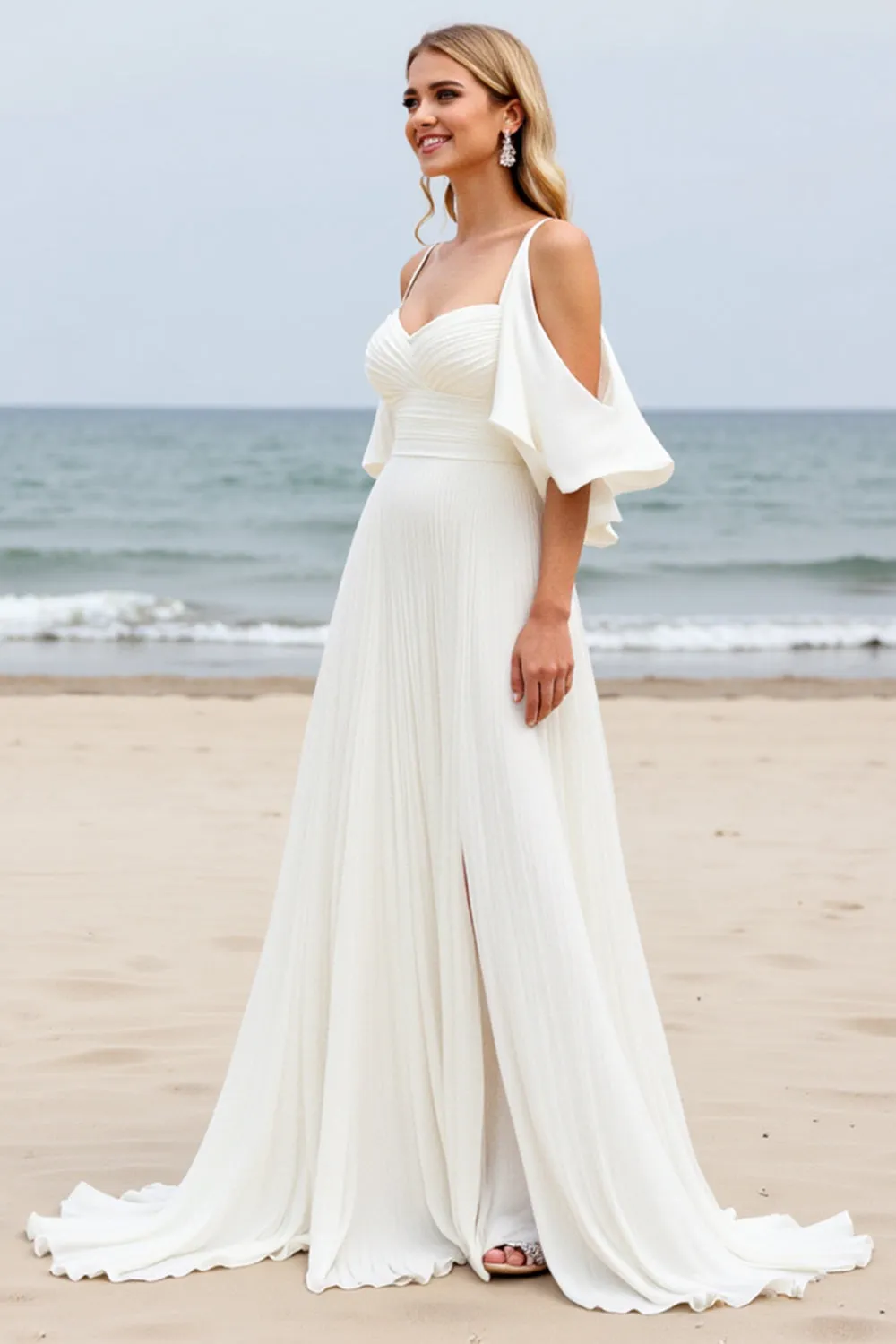 White A-Line Cold Shoulder Long Bridal Dress With Slit sold by Zapaka product image thumbnail 3