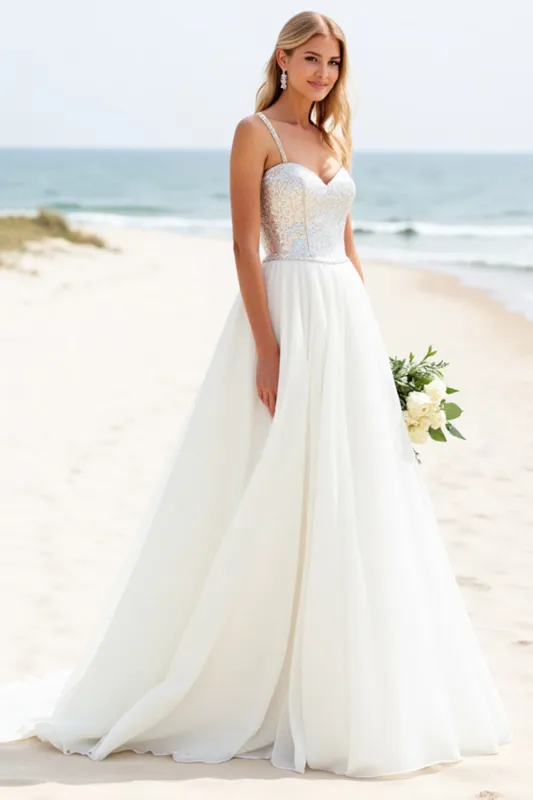 White A-Line Spaghetti Straps Long Bridal Dress With Sequins sold by Zapaka