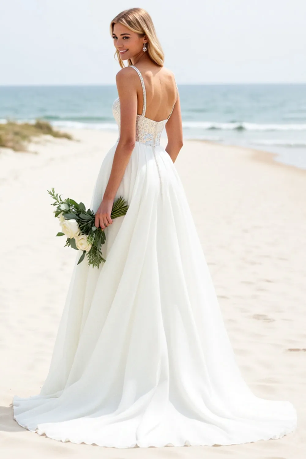 White A-Line Spaghetti Straps Long Bridal Dress With Sequins sold by Zapaka product image thumbnail 2