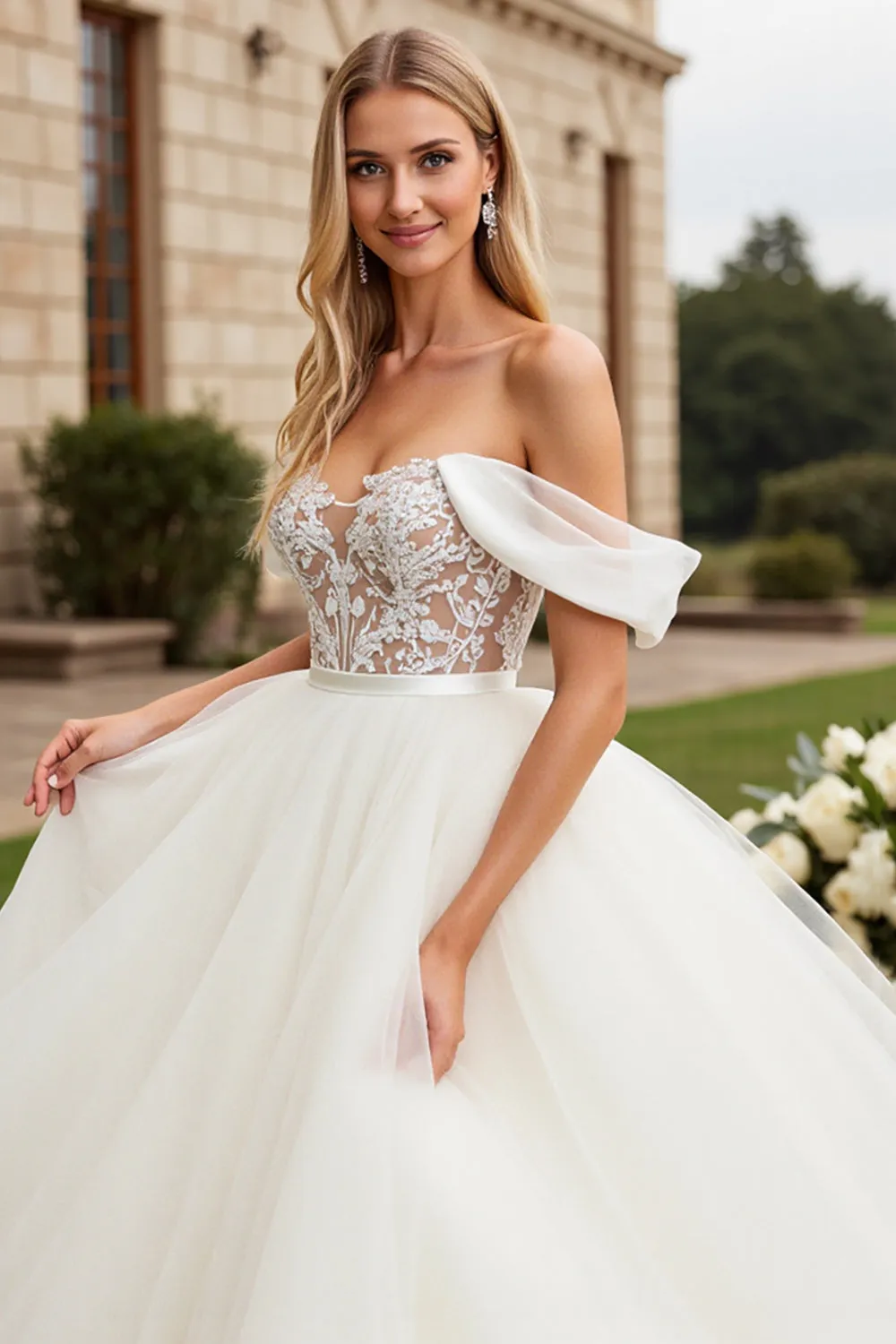 White Off The Shoulder A-Line Tulle Long Bridal Dress With Appliques sold by Zapaka product image thumbnail 4