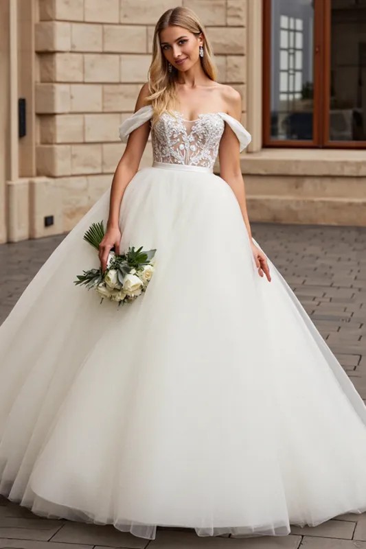 White Off The Shoulder A-Line Tulle Long Bridal Dress With Appliques sold by Zapaka