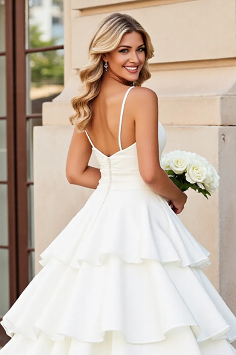 Princess White A-Line Spaghetti Straps Ruffled Satin Long Bridal Dress sold by Zapaka product image thumbnail 4