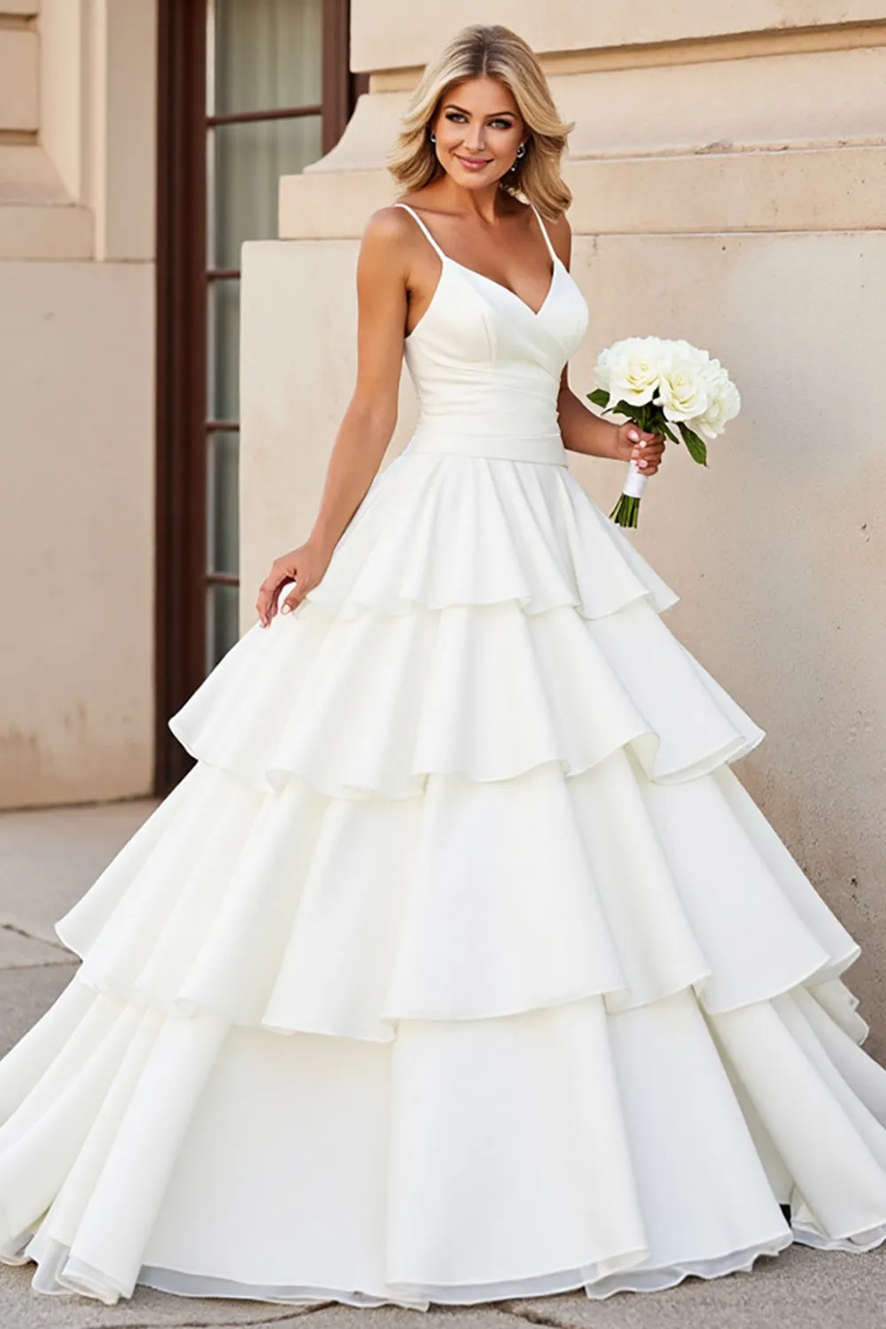 Princess White A-Line Spaghetti Straps Ruffled Satin Long Bridal Dress sold by Zapaka
