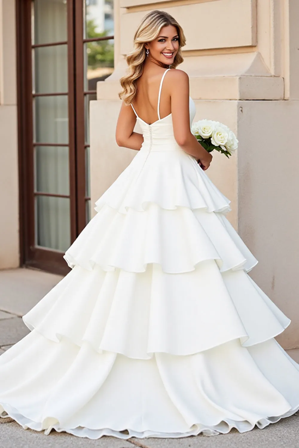 Princess White A-Line Spaghetti Straps Ruffled Satin Long Bridal Dress sold by Zapaka product image thumbnail 2