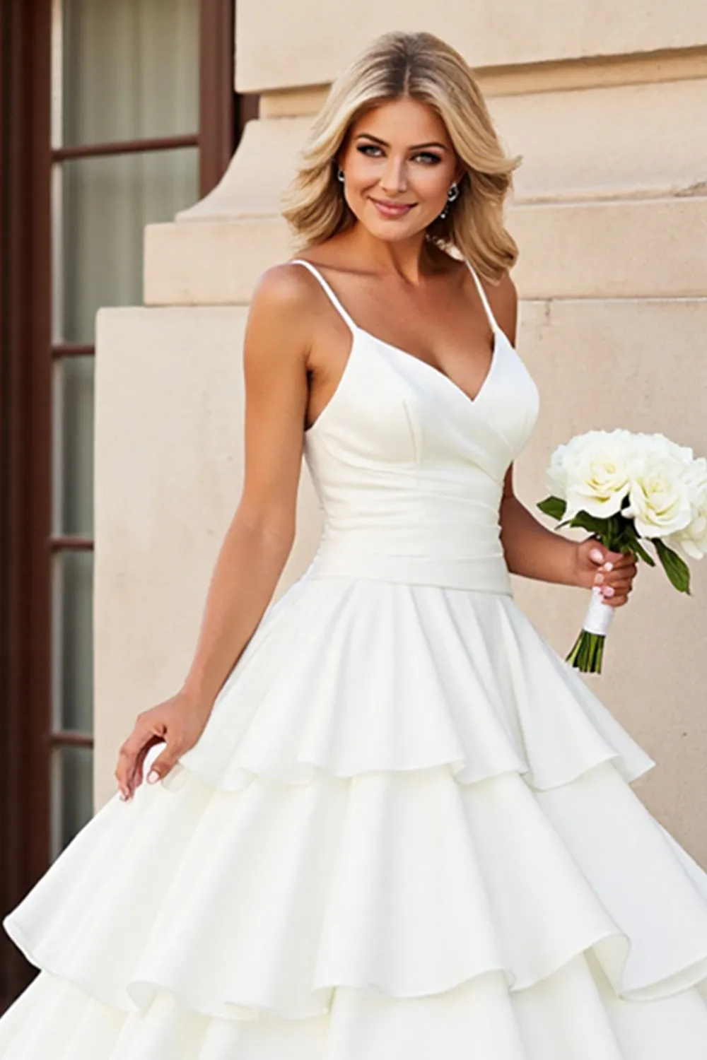Princess White A-Line Spaghetti Straps Ruffled Satin Long Bridal Dress sold by Zapaka product image thumbnail 3