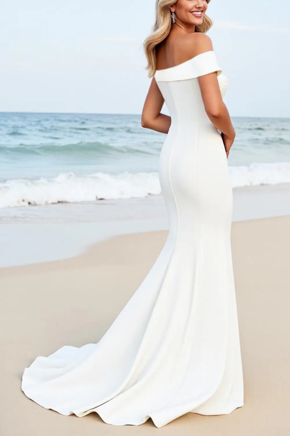 White Mermaid One Shoulder Satin Long Bridal Dress With Appliques sold by Zapaka product image thumbnail 2