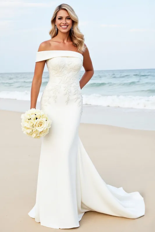 White Mermaid One Shoulder Satin Long Bridal Dress With Appliques sold by Zapaka
