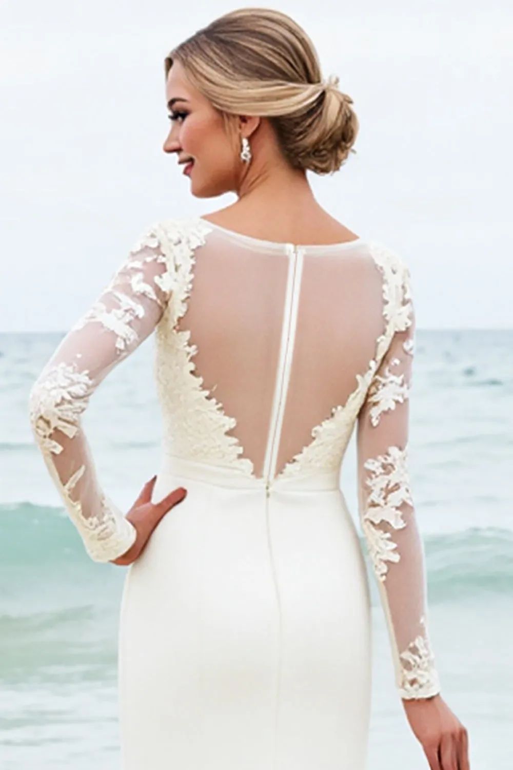 White Mermaid Long Sleeves Scoop Satin Bridal Dress With Lace sold by Zapaka product image thumbnail 4