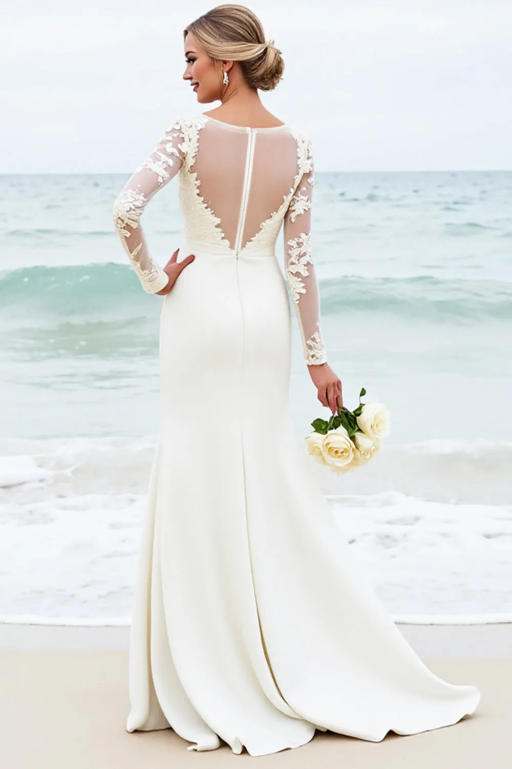 White Mermaid Long Sleeves Scoop Satin Bridal Dress With Lace sold by Zapaka product image thumbnail 2