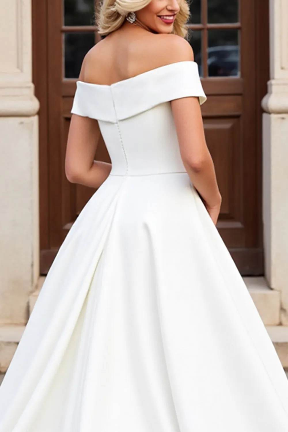 Ivory A-Line Off The Shoulder Satin Long Bridal Dress With Bows sold by Zapaka product image thumbnail 5