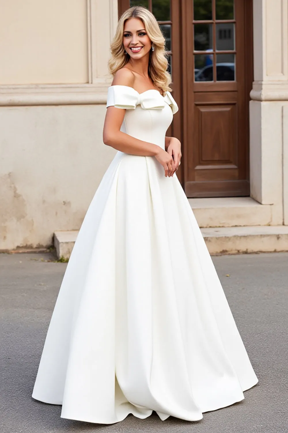 Ivory A-Line Off The Shoulder Satin Long Bridal Dress With Bows sold by Zapaka product image thumbnail 3