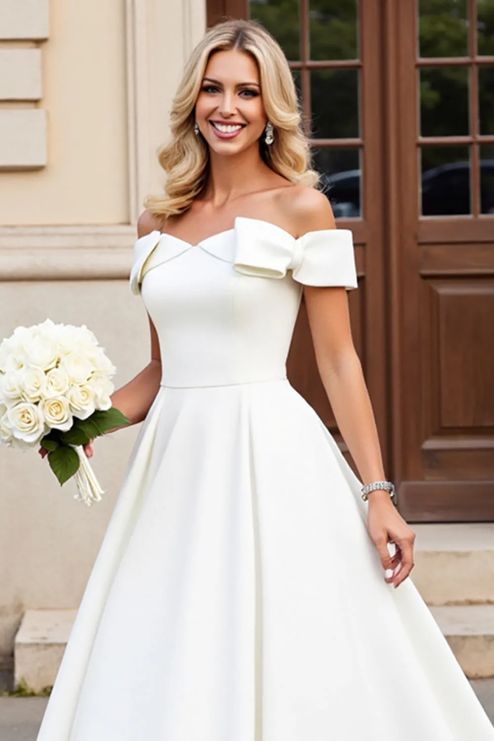 Ivory A-Line Off The Shoulder Satin Long Bridal Dress With Bows sold by Zapaka product image thumbnail 4