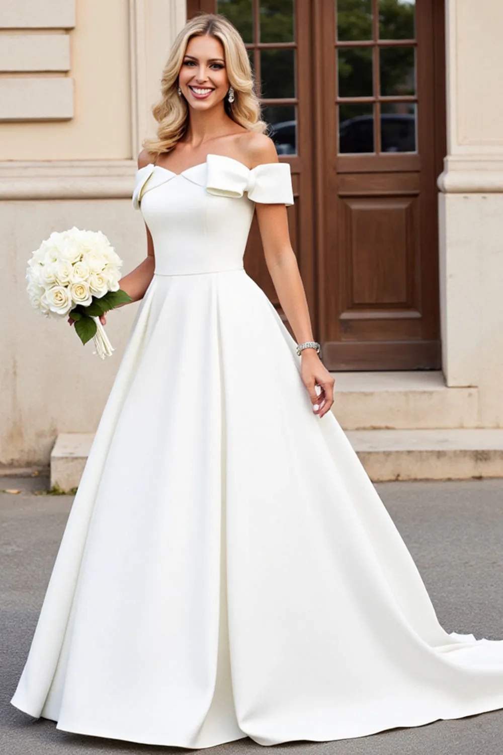 Ivory A-Line Off The Shoulder Satin Long Bridal Dress With Bows sold by Zapaka