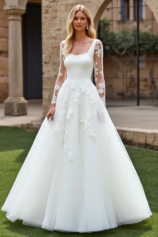 White A-Line Square Neck Long Sleeves Tulle Bridal Dress With Appliques sold by Zapaka
