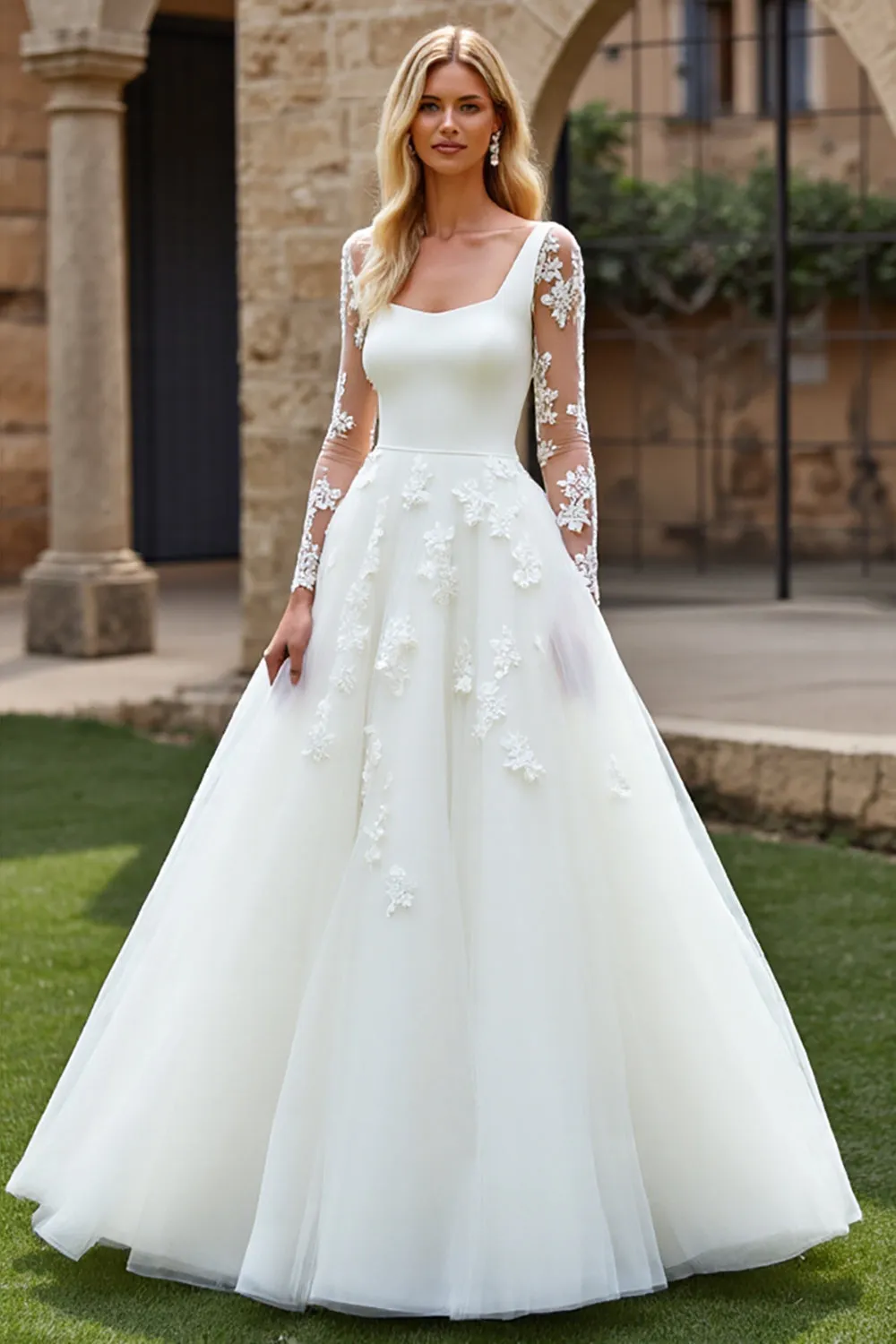White A-Line Square Neck Long Sleeves Tulle Bridal Dress With Appliques sold by Zapaka