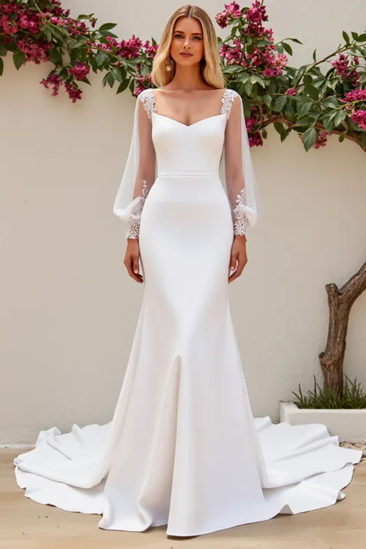 Ivory Mermaid V Neck Long Sleeves Satin Bridal Dress With Lace sold by Zapaka