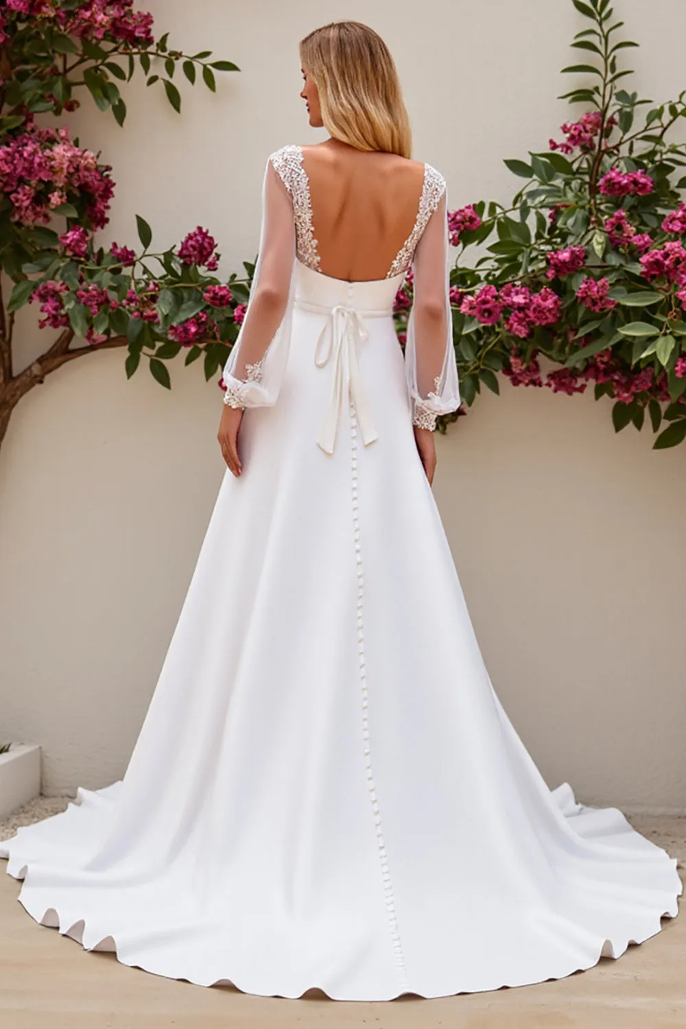 Ivory Mermaid V Neck Long Sleeves Satin Bridal Dress With Lace sold by Zapaka product image thumbnail 2