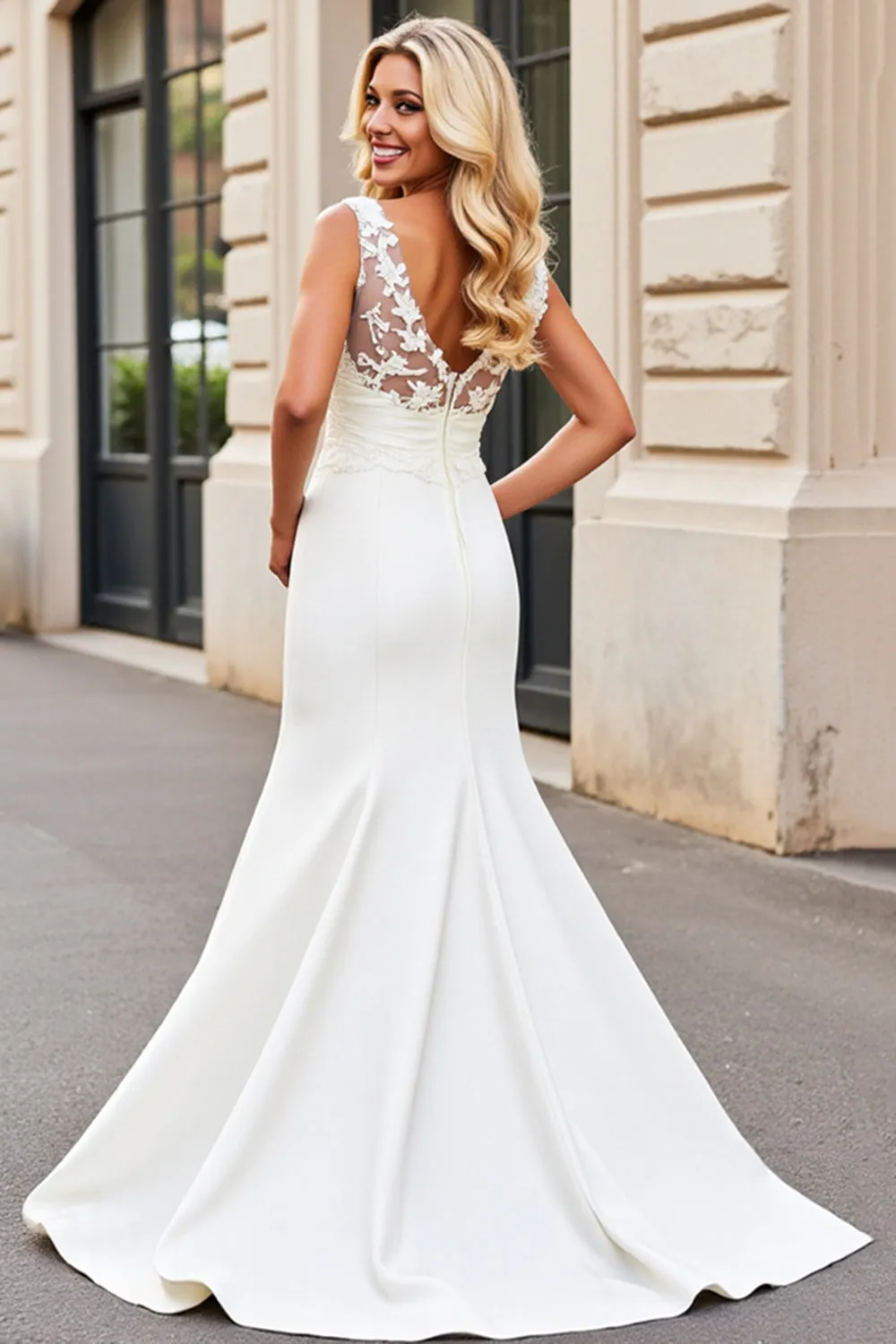 White Mermaid V Neck Satin Long Bridal Dress With Lace Appliques sold by Zapaka product image thumbnail 3
