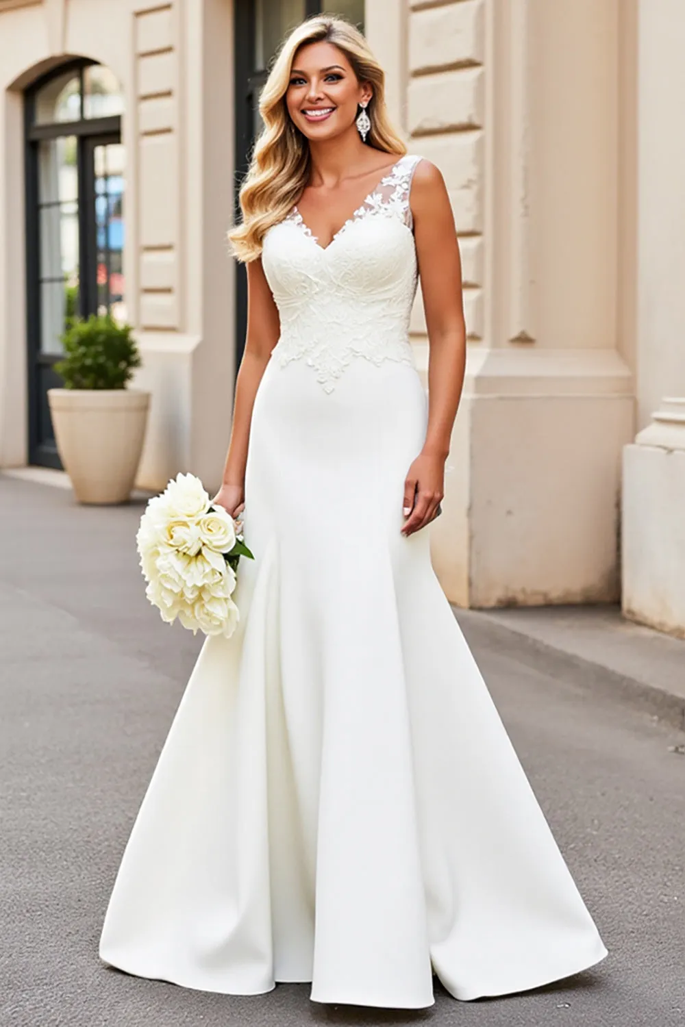 White Mermaid V Neck Satin Long Bridal Dress With Lace Appliques sold by Zapaka