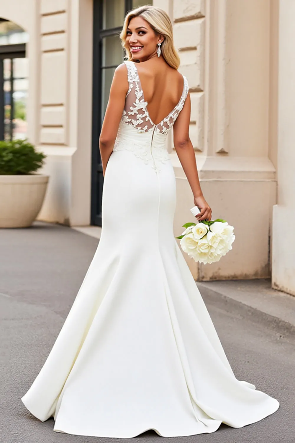White Mermaid V Neck Satin Long Bridal Dress With Lace Appliques sold by Zapaka product image thumbnail 2