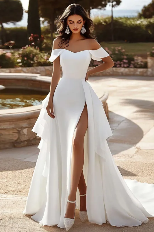 Ivory A-Line SatinRuffled Off The Shoulder Long Bridal Dress With Slit sold by Zapaka