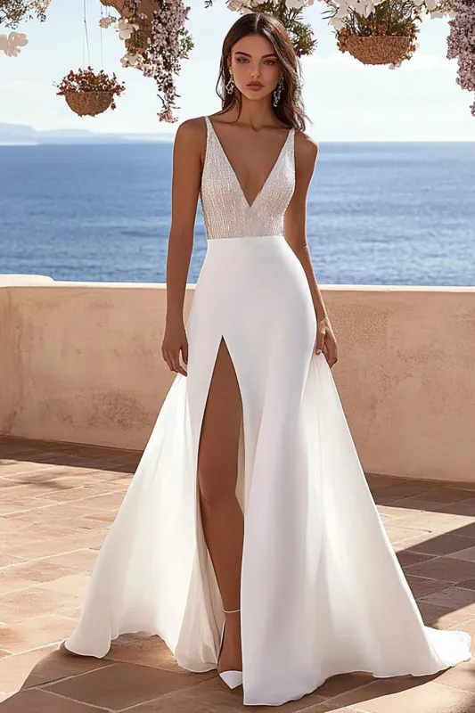 Sparkly V Neck A Line Ivory Sequins Wedding Dressn With Slit sold by Zapaka