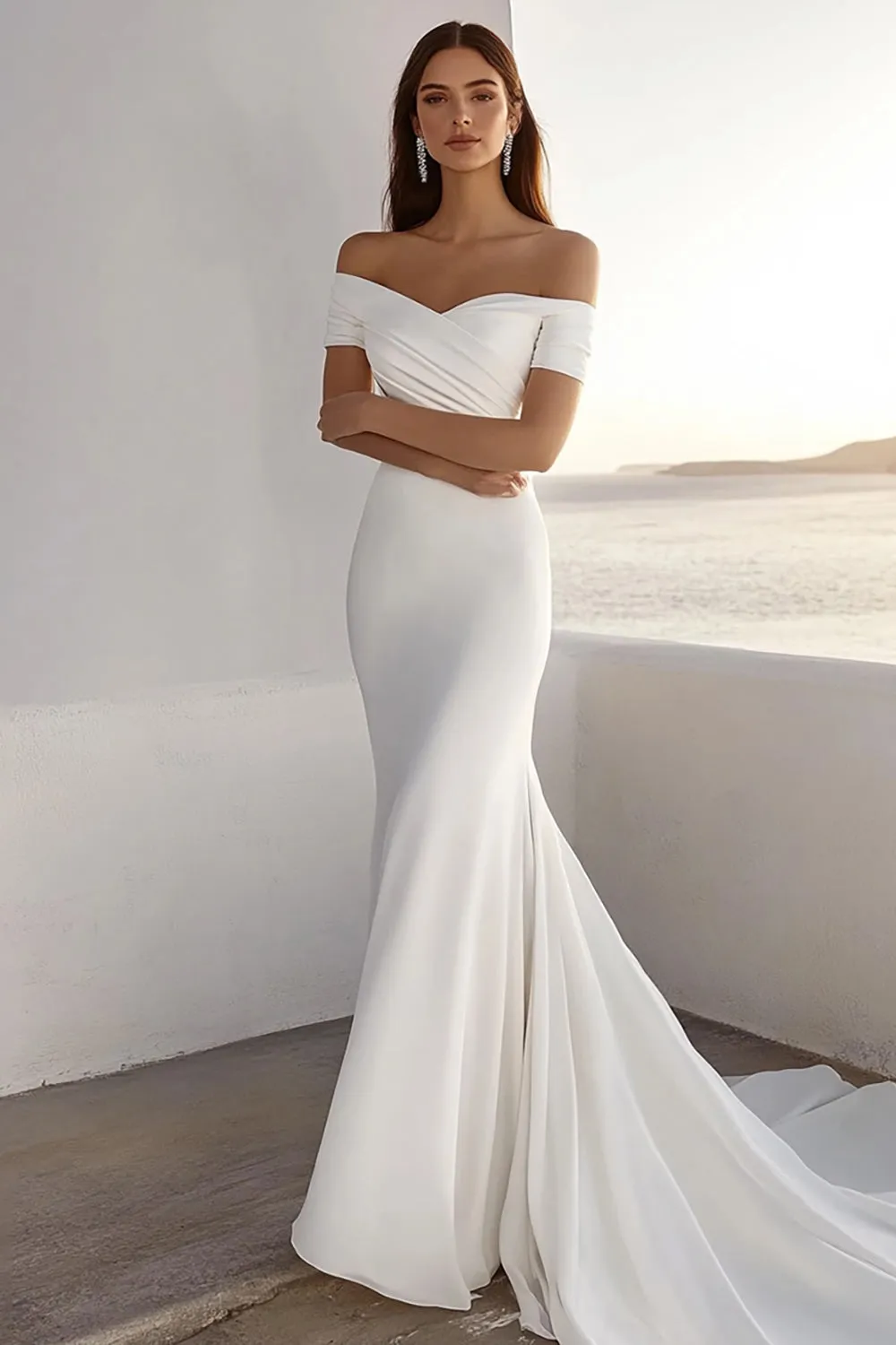Ivory Mermaid Off The Shoulder Ruched Chiffon Long Bridal Dress sold by Zapaka