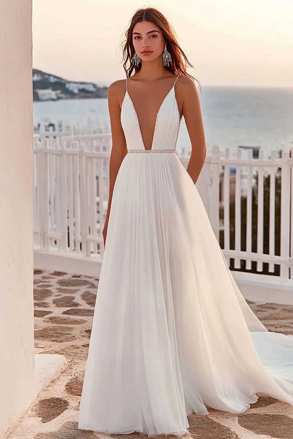 Chiffon Pleated A Line Spaghetti Straps Ivory Wedding Dress sold by Zapaka