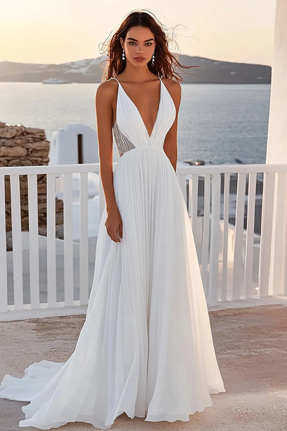Spaghetti Straps A Line Chiffon Pleated Ivory Wedding Dress sold by Zapaka