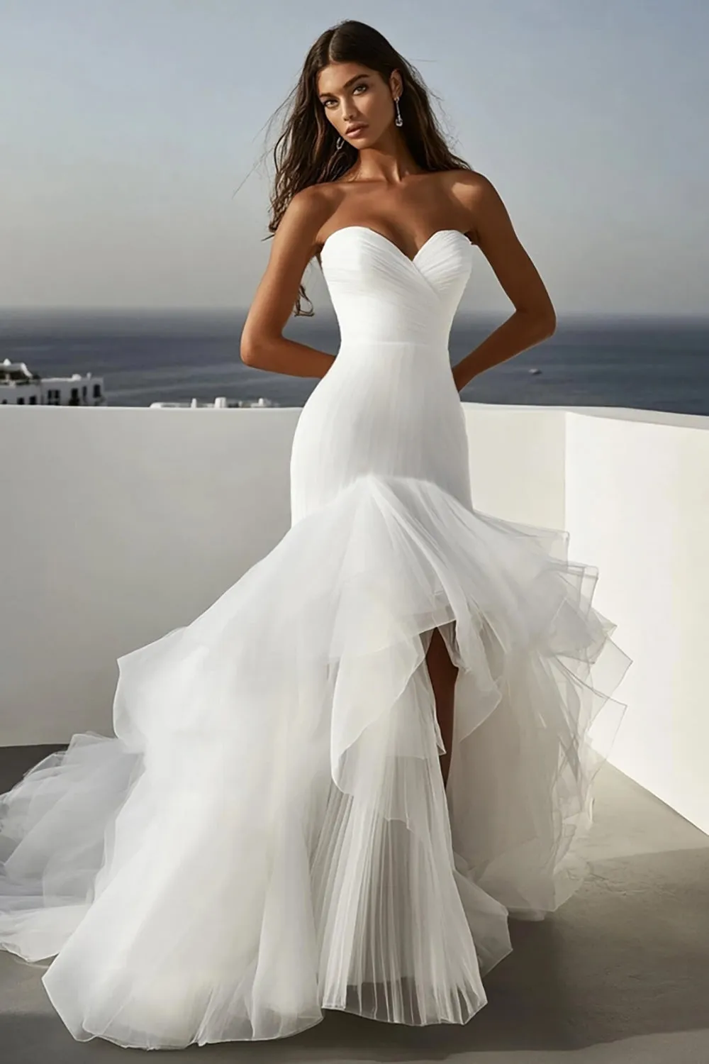 Mermaid Tulle Ivory Ruffled Strapless Wedding Dress sold by Zapaka