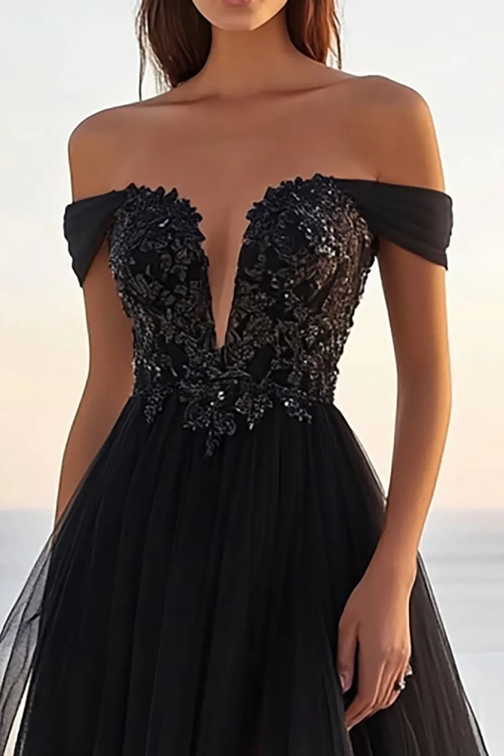 Black Tulle Lace Off The Shoulder A Line Wedding Dress With Slit sold by Zapaka product image thumbnail 2