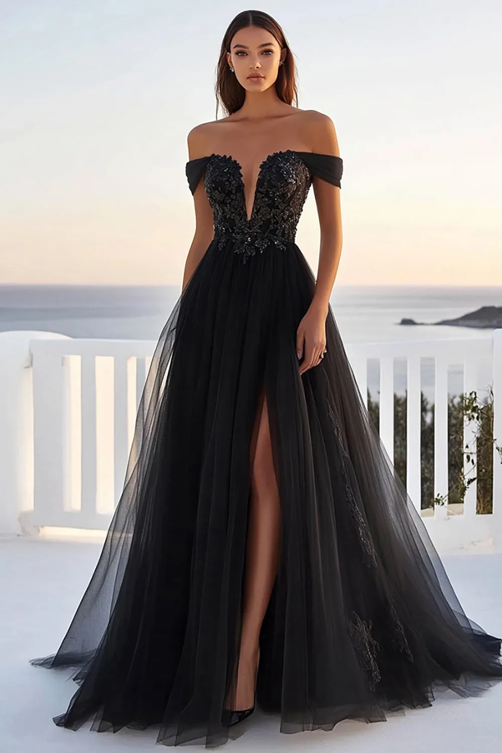 Black Tulle Lace Off The Shoulder A Line Wedding Dress With Slit sold by Zapaka