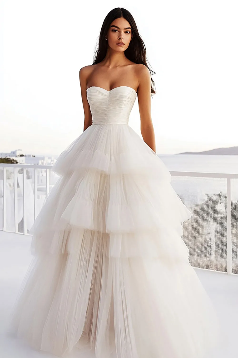 Ivory Tulle A Line Tiered Strapless Wedding Dress sold by Zapaka