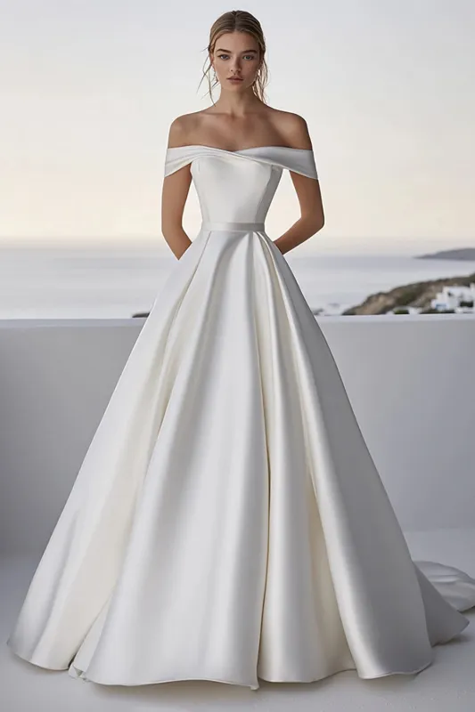 Off The Shoulder A Line Satin Ivory Wedding Dress sold by Zapaka