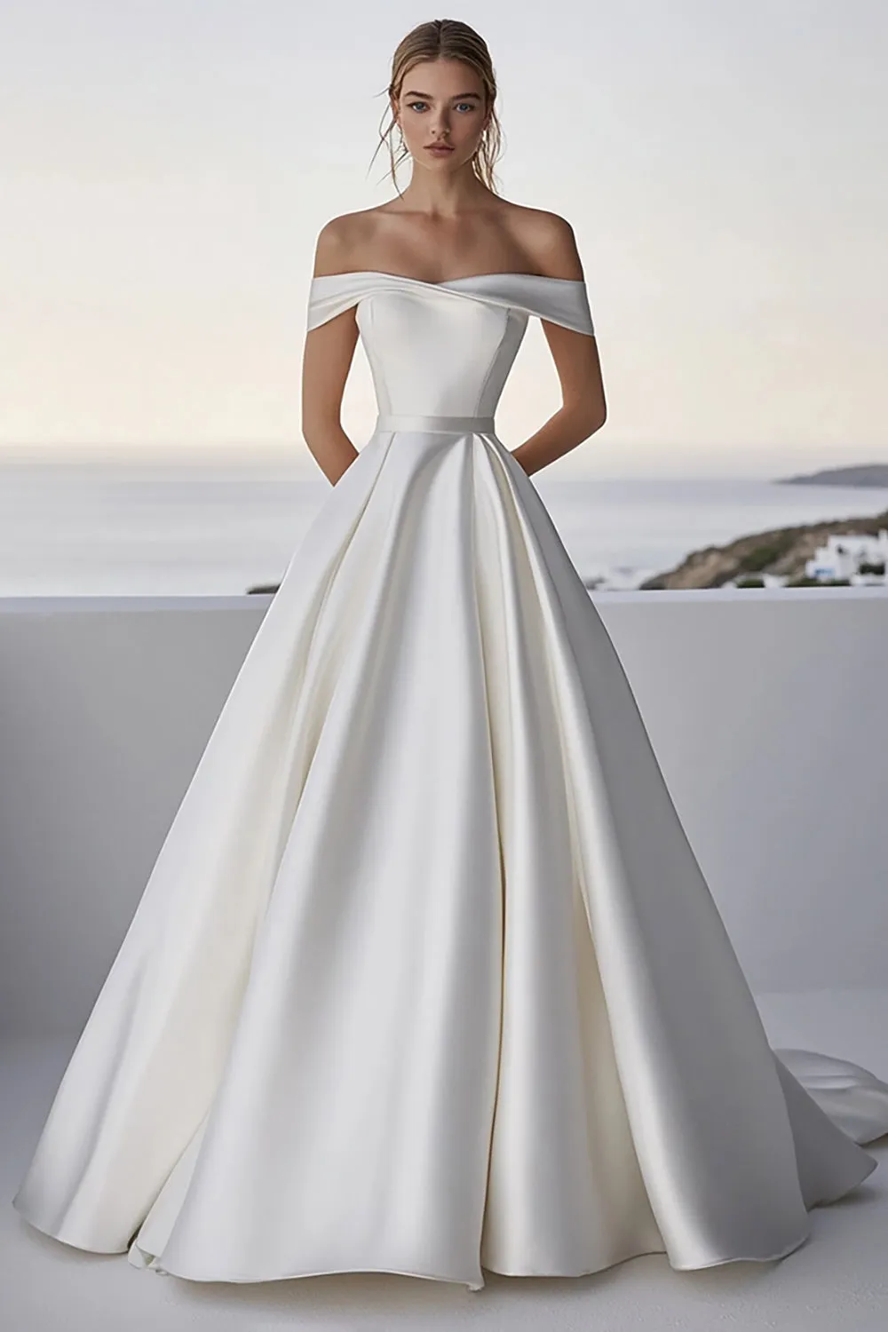 Off The Shoulder A Line Satin Ivory Wedding Dress sold by Zapaka