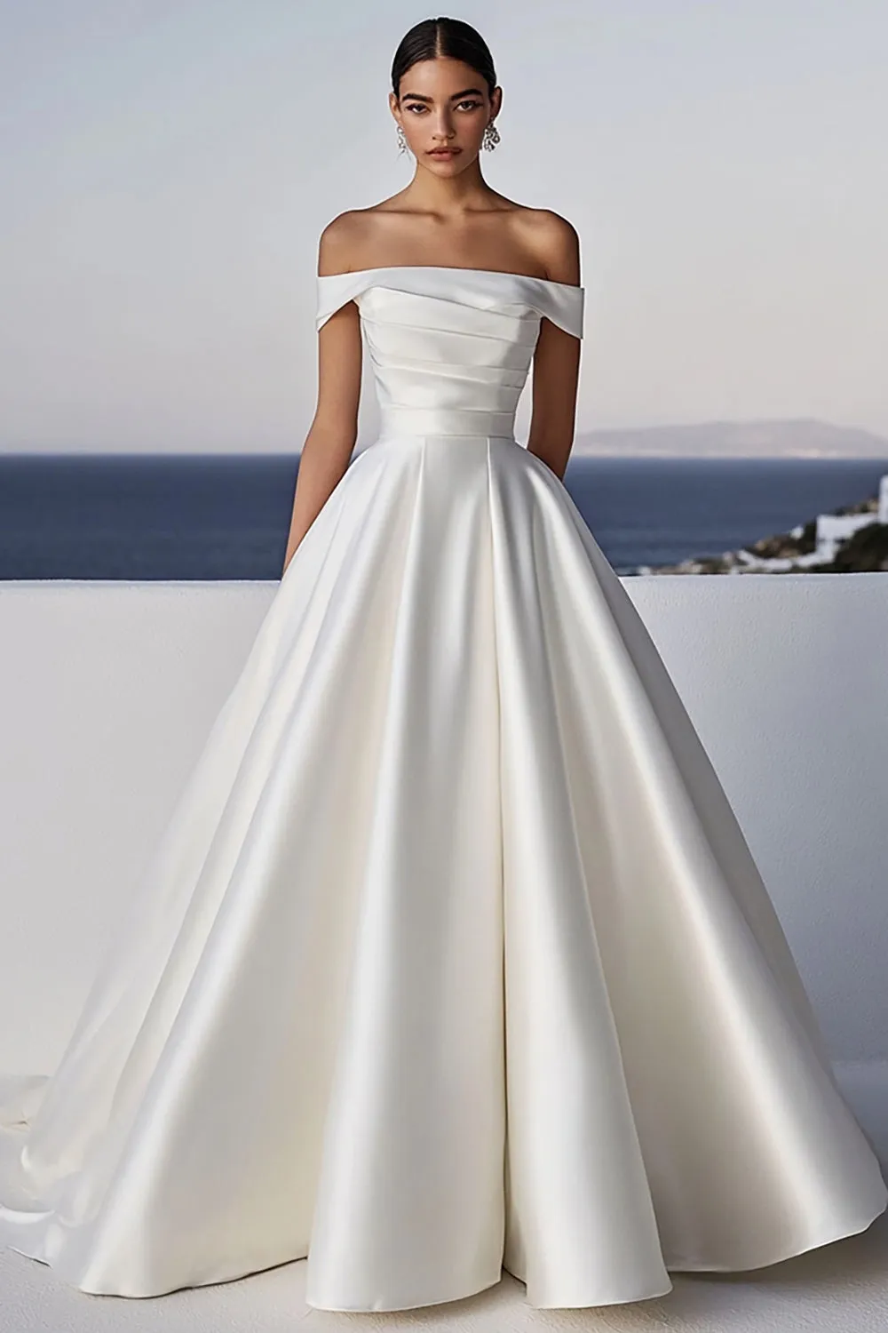 Ivory Off The Shoulder Pleated Satin Wedding Dress sold by Zapaka