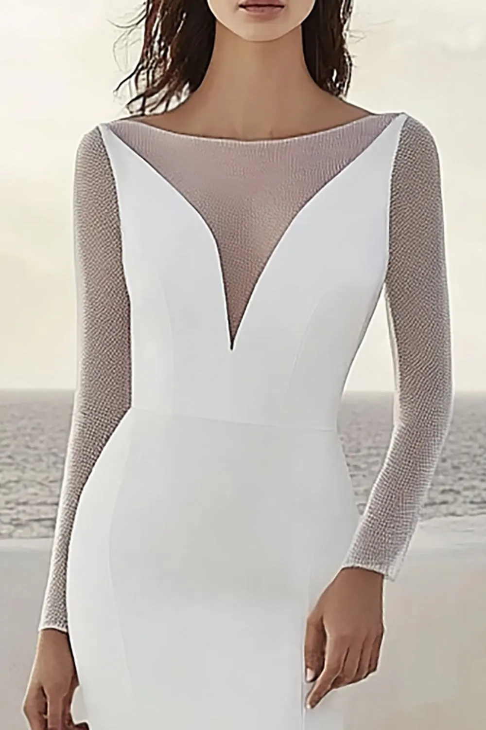 Mermaid Satin Illusion Ivory Wedding Dress With Long Sleeves sold by Zapaka product image thumbnail 2