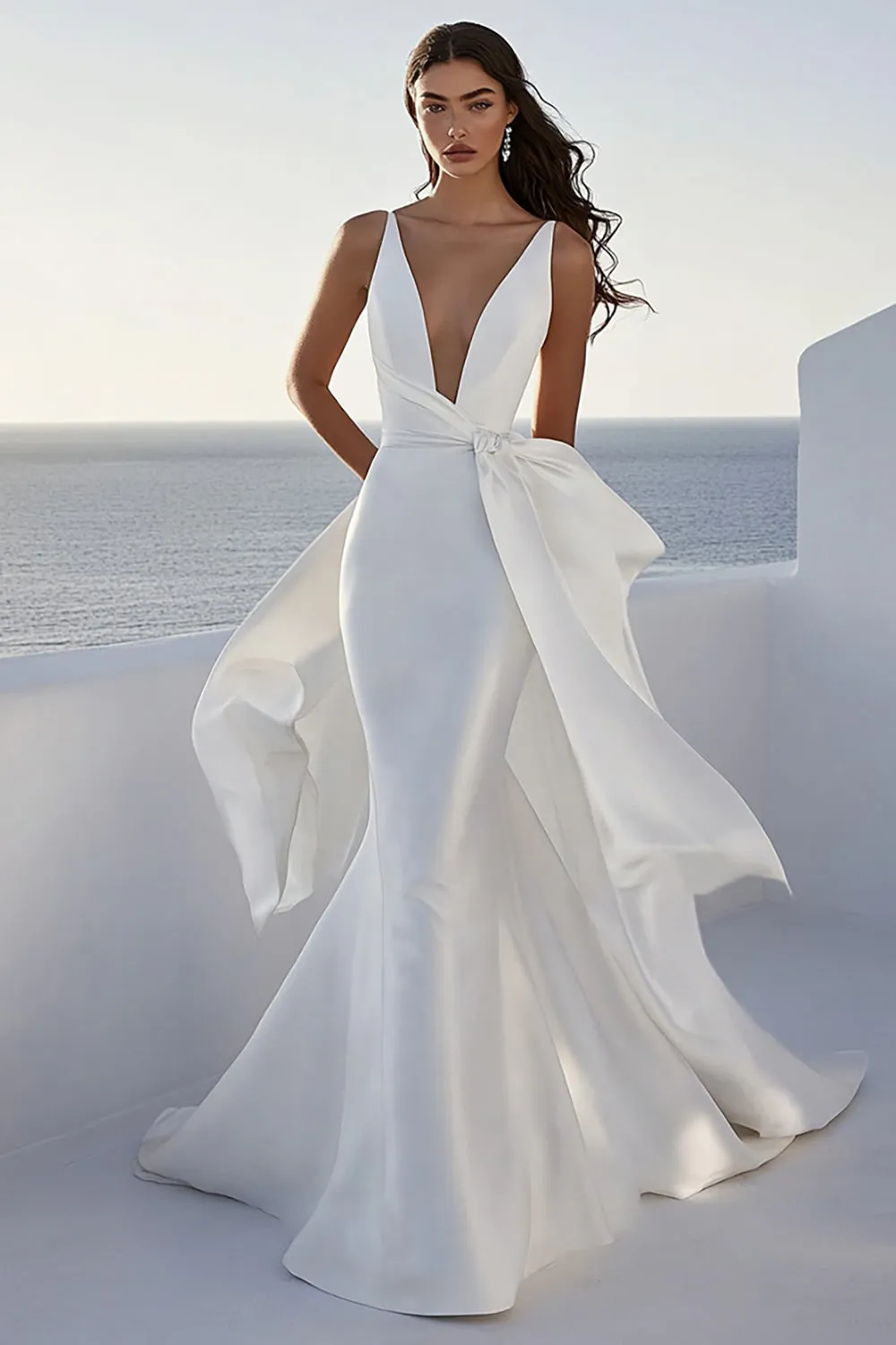 Ivory Mermaid V Neck Satin Wedding Dress With Sash sold by Zapaka
