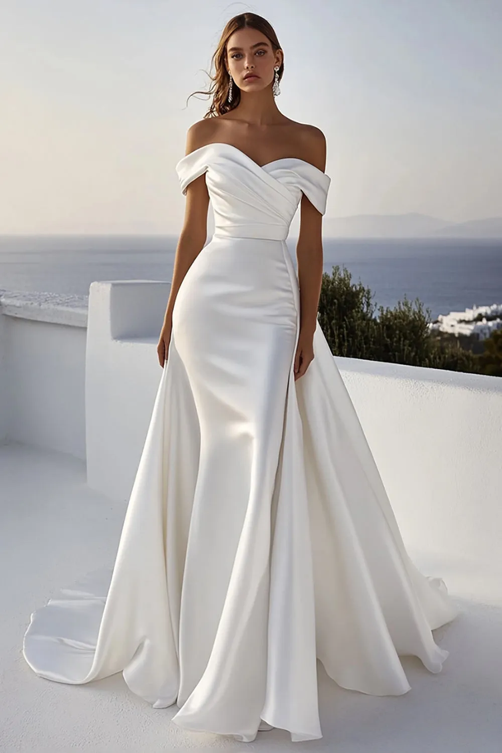 Satin Off The Shoulder Ivory Wedding Dress With Sash sold by Zapaka
