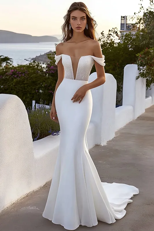 Ivory Sequin Off The Shoulder Mermaid Wedding Dress sold by Zapaka