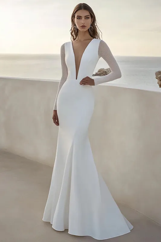 Mermaid Satin Ivory Wedding Dress With Long Sleeves sold by Zapaka
