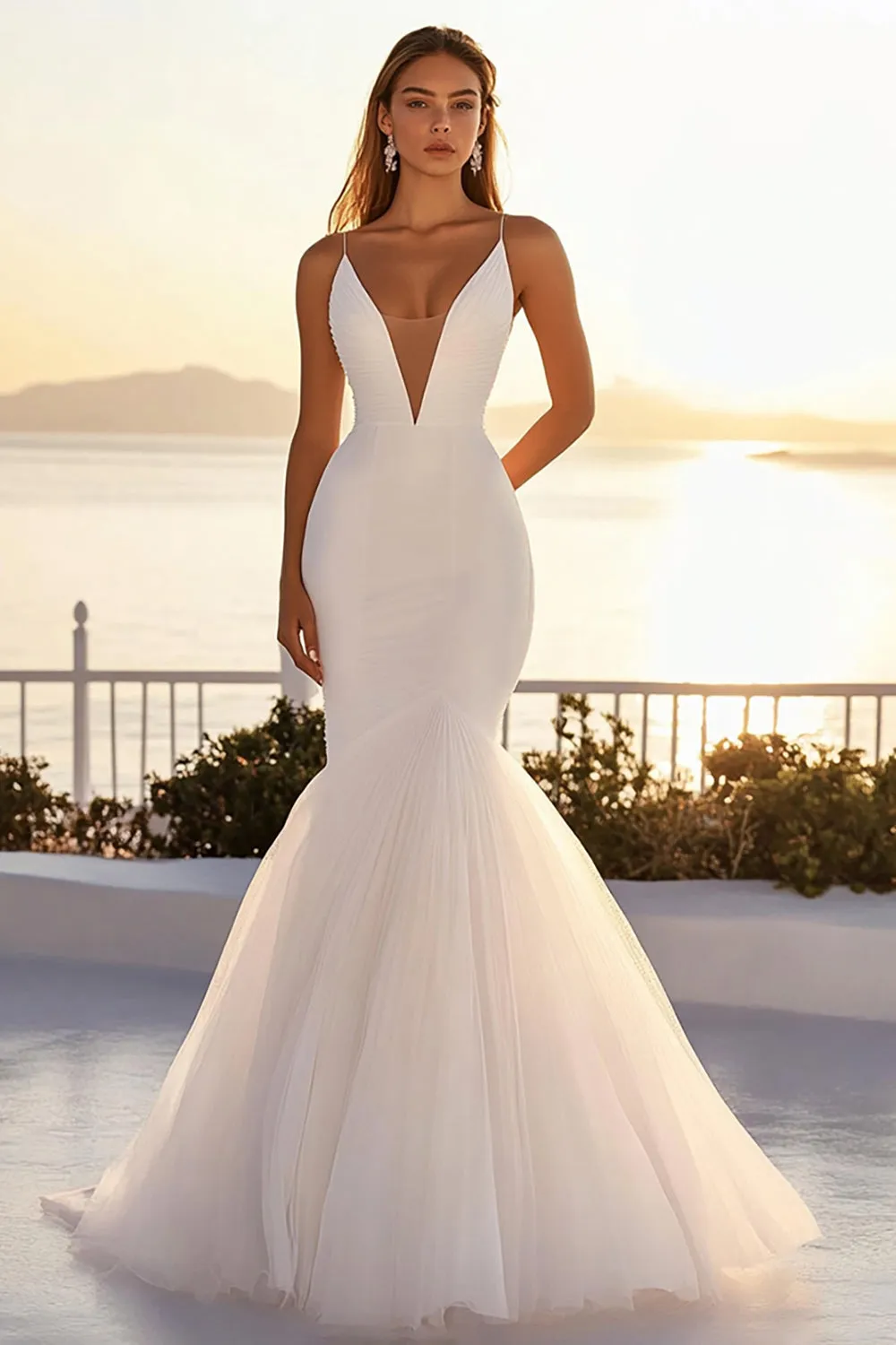 Ivory Tulle Mermaid Spaghetti Straps Wedding Dress sold by Zapaka