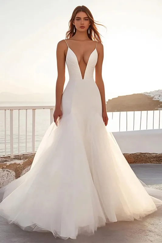 Spaghetti Strapless Mermaid Ivory Tulle Wedding Dress sold by Zapaka