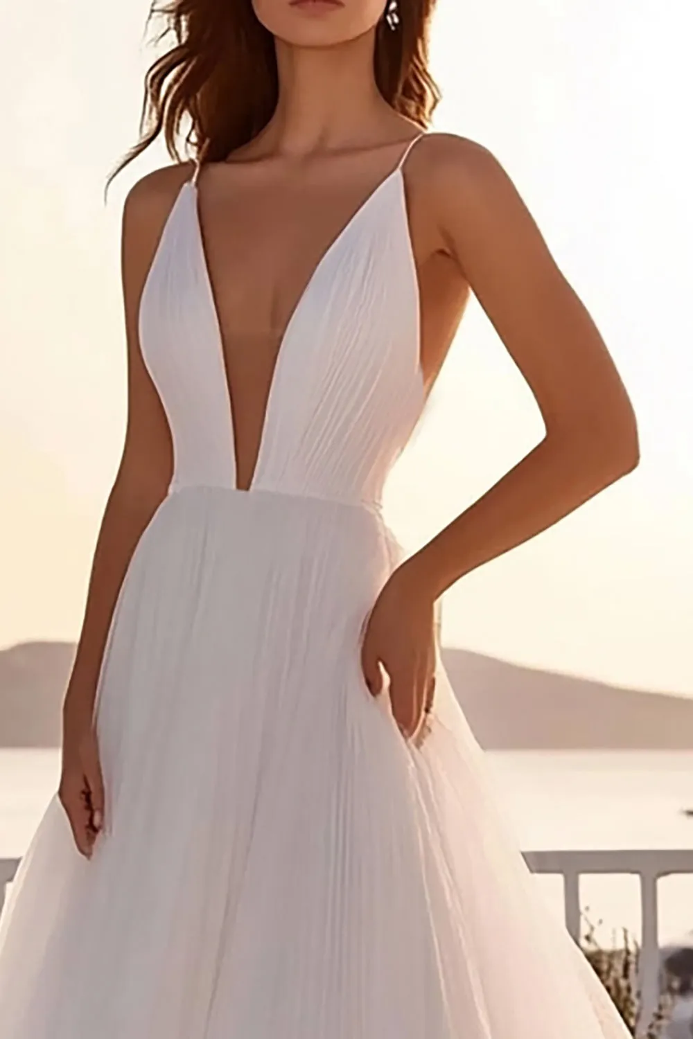 Tulle A Line Pleated Deep V Neck Ivory Wedding Dress sold by Zapaka product image thumbnail 2