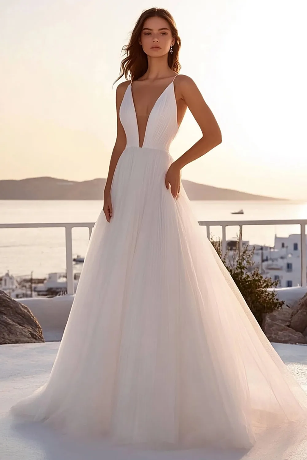 Tulle A Line Pleated Deep V Neck Ivory Wedding Dress sold by Zapaka