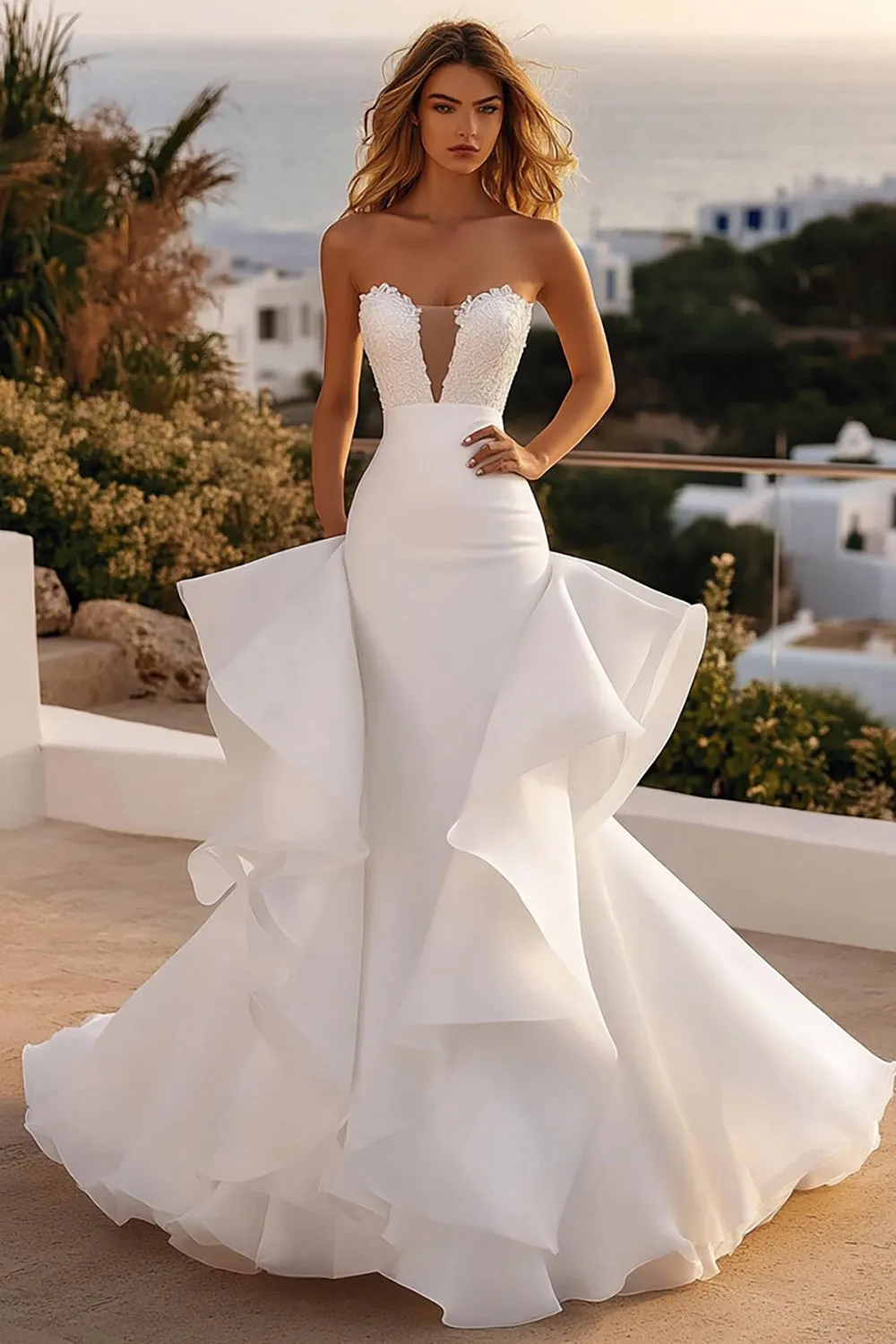 Strapless Mermaid Ivory Organza Lace Wedding Dress sold by Zapaka