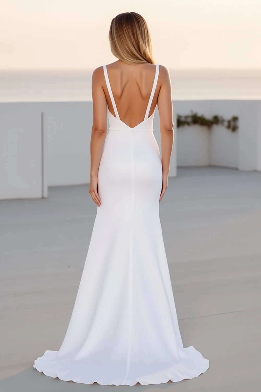 Crepe Spaghetti Straps Ivory A Line Wedding Dress With Slit sold by Zapaka product image thumbnail 2